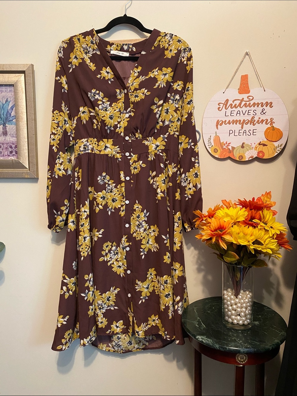 Jessy Brand Size Small Floral Button-Front Long Sleeve Dress in Brown and Yellow